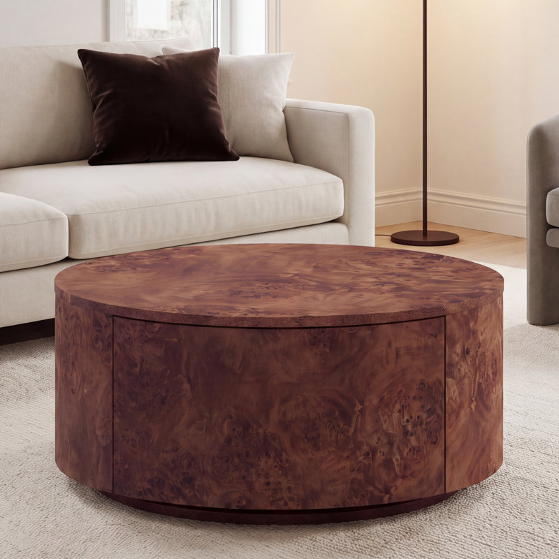 Table basse ronde en bois de ronce avec deux tiroirs cachés et base pivotante, Brown
