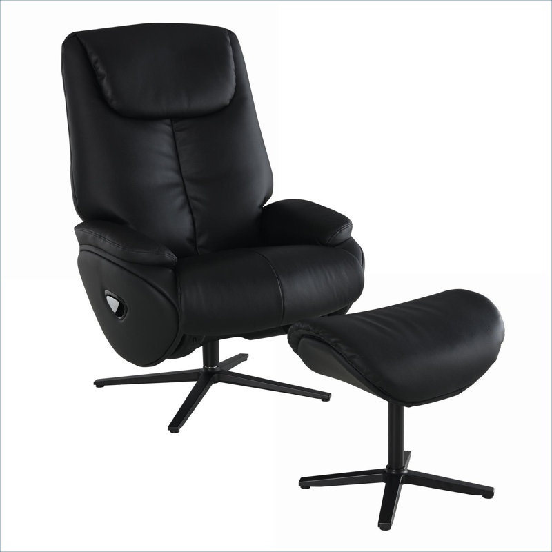  Genuine Leather Luxury Swivel Accent Chair and Ottoman, Sleek Black Reclining Seating