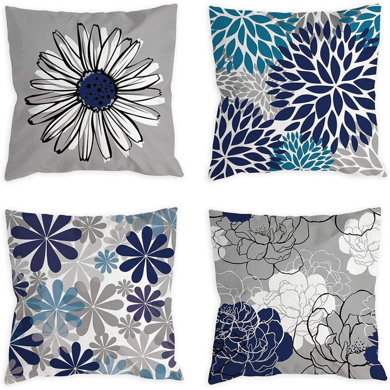  Ensemble de 4 housses de coussin décoratif 18X18, Bleu / blanc / floral gris