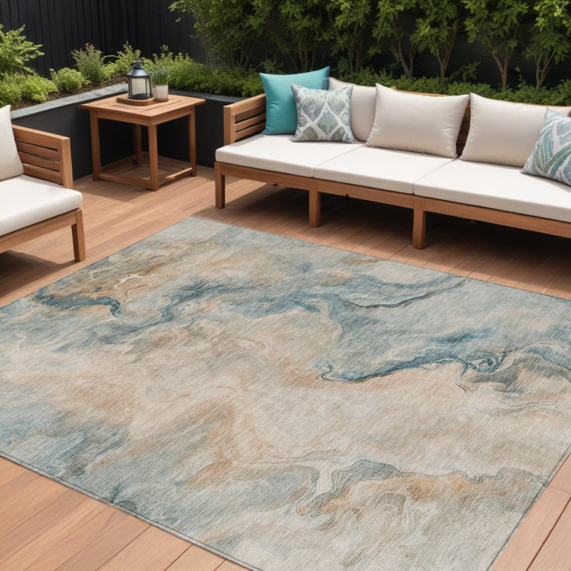 Tapis d'extérieur lavable abstrait corail et ivoire bleu sarcelle 8 pi x 10 pi