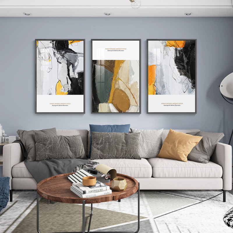 Abstrait aluminium encadré, ensemble de 3 reproductions d'art encadrées sur toile, H 24,3 po x l 48,3 po x P 1,65 po