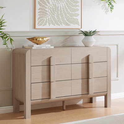 Meuble télé en bois à 6 tiroirs avec commode pour téléviseur de 55 pouces, meuble télé moderne avec profil incurvé, console de télévision avec rangement pour le salon
