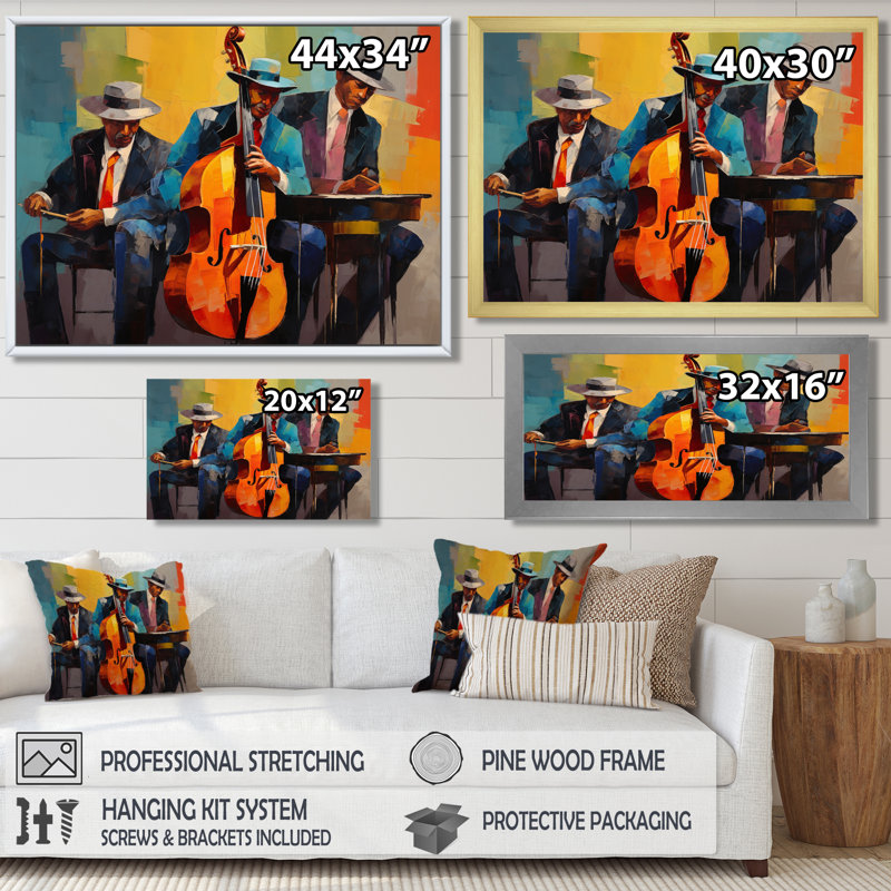 Trio de jazz avec chapeaux rétro Groovy - Musicien, salon d'art mural, Toile tendue, H 16 po x l 32 po x P 1 po