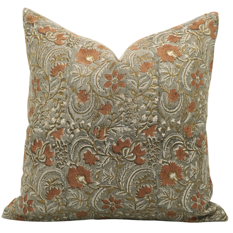 Linen Square Pillow Cover, 20"H x 20"W, Orange Floral 3