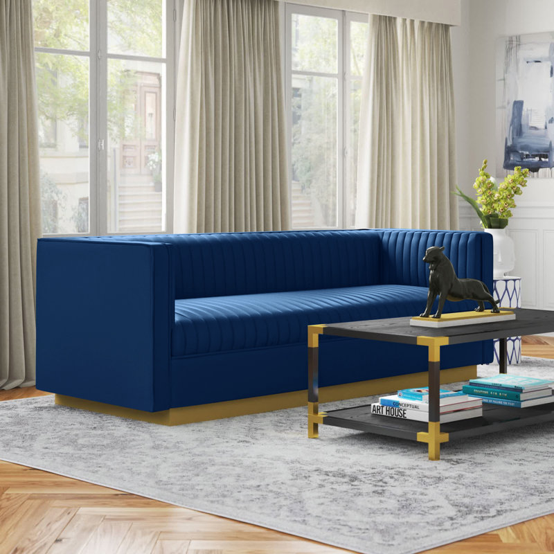 Silver Orchid Perez Vertical Channel Tufted Velvet Sofa, Navy