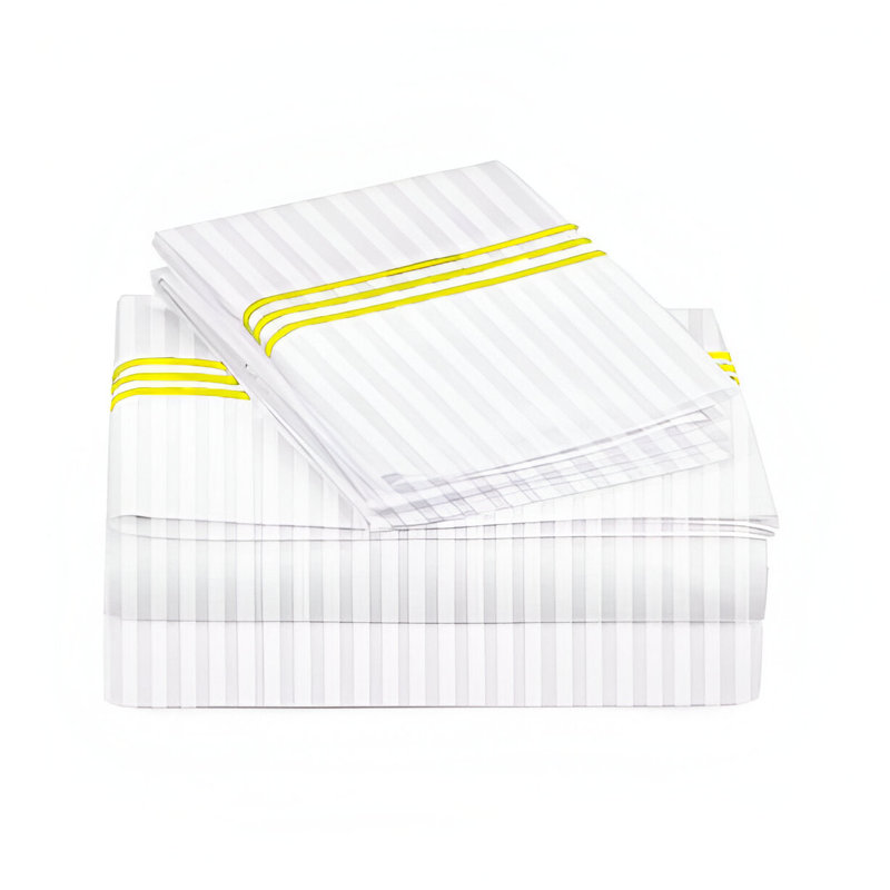 400TC Triple Embroidery Sateen Stripe Cotton 4 Piece Sheet Set Fitted Sheet Fits Upto 16" Deep Pocket, Full/Double Sheet Set