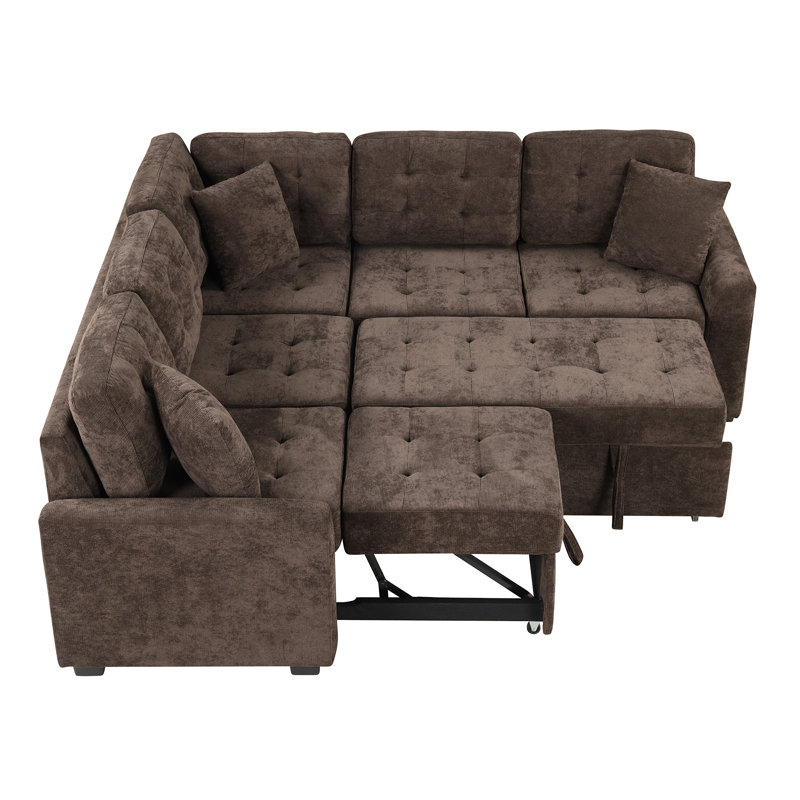 82.6" L-Shape Sofa Bed Pull-Out Sleeper Sofa With Wheels, Brown Velvet