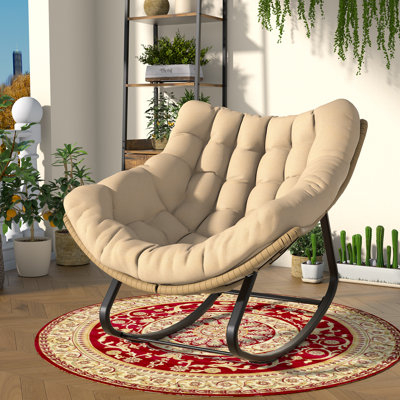 Chaise berçante d'extérieur Papasan, chaise berçante surdimensionnée avec coussin, chaise longue confortable en osier, grand fauteuil inclinable berçant pour le salon / porche / jardin, beige