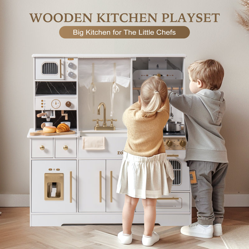 Grand ensemble de cuisine préscolaire, grande cuisine de jeu en bois avec four, réfrigérateur, machine à café et micro-ondes, ensemble de cuisine réaliste pour tout-petits