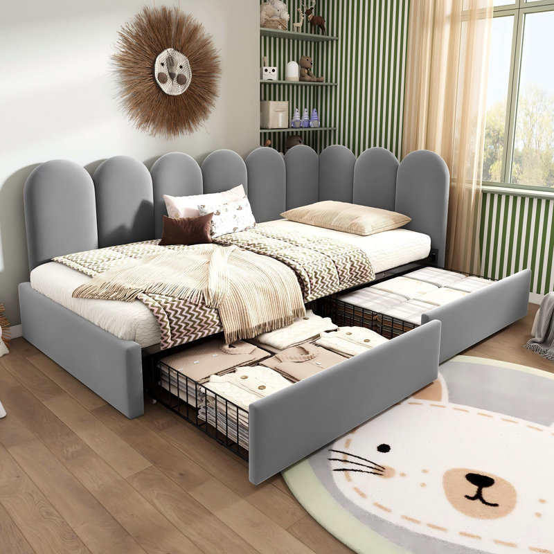   3ft Daybed Sofa Bed With 2 Drawers Velvet, Grey