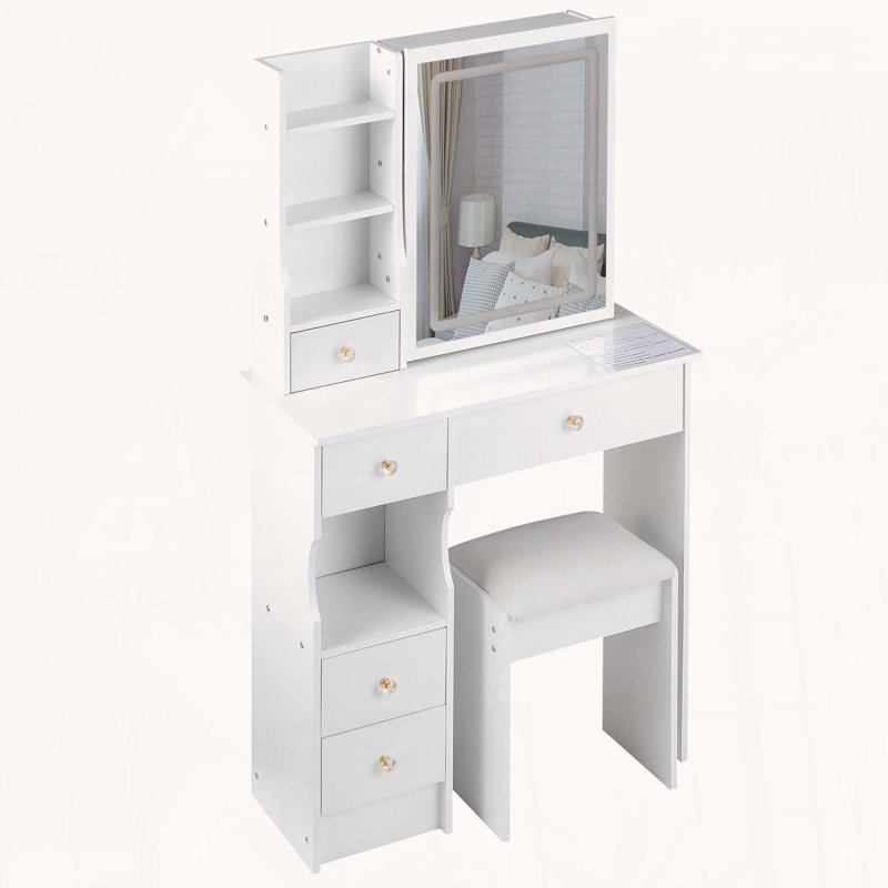 Petit meuble-lavabo avec miroir tricolore à DEL et rangement, Blanc