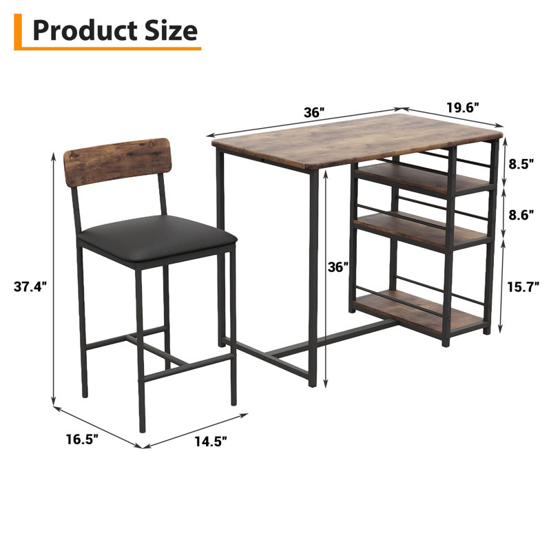 Dining Table Set For 2, Bar Table And Chairs Set With 3 Storage Shelves, Brown