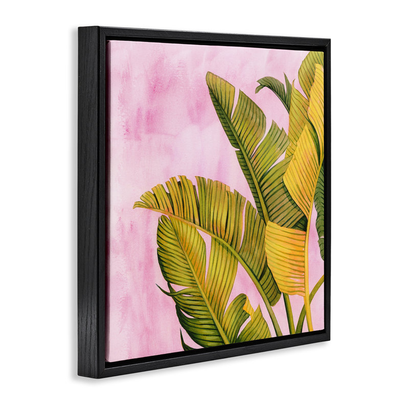 «Leafy Pink & Palms», art mural sur toile flottante, design par Grace Popp, Cadre flottant noir de jais, H 18 po x l 18 po