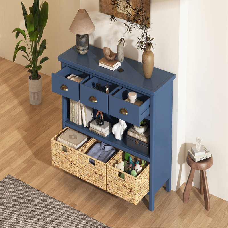 Console vintage en bois avec console et 3 paniers en jacinthe d'eau, Marine