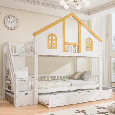 Lit simple superposé sur le toit en bois avec porte fenêtre et toit, escalier de rangement et lit gigogne, blanc