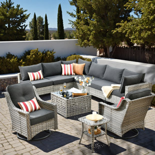Emroy 8 - Person Wicker/Rattan Sectional Seating Group with Lighted Coffee Table and Swivel Chairs, All Weather Modular Outdoor Conversation Set with Cushions