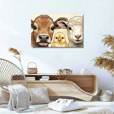 Brown Cow White Sheep And Yellow Chick Sketch Canvas Wall Art