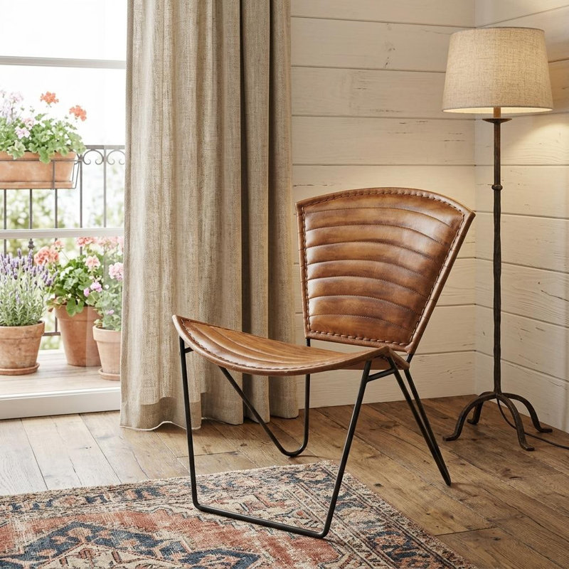  Chaise d'appoint rayée en cuir brun et fer