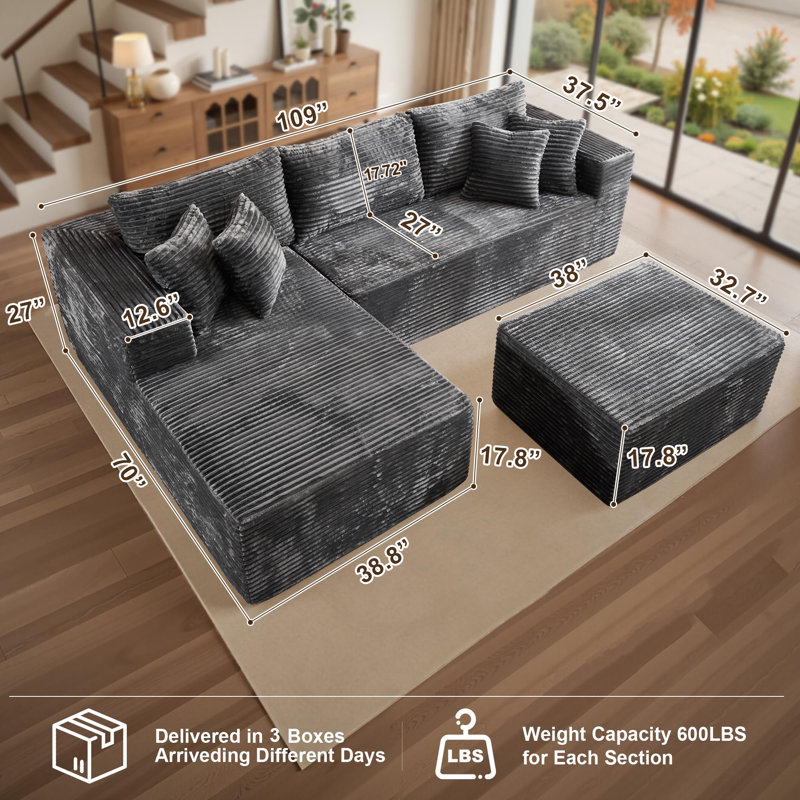 Felton Boneless 72'' Upholstered Modular U-Shaped Sectional Sofa Couch Set Reversible & Spacious for Small Space No Assembly Required