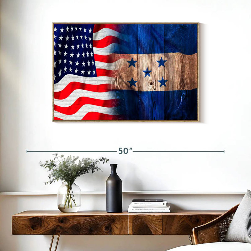 Drapeau des États-Unis et du Honduras, Cadre flottant en bois naturel, 37 po x 25 po