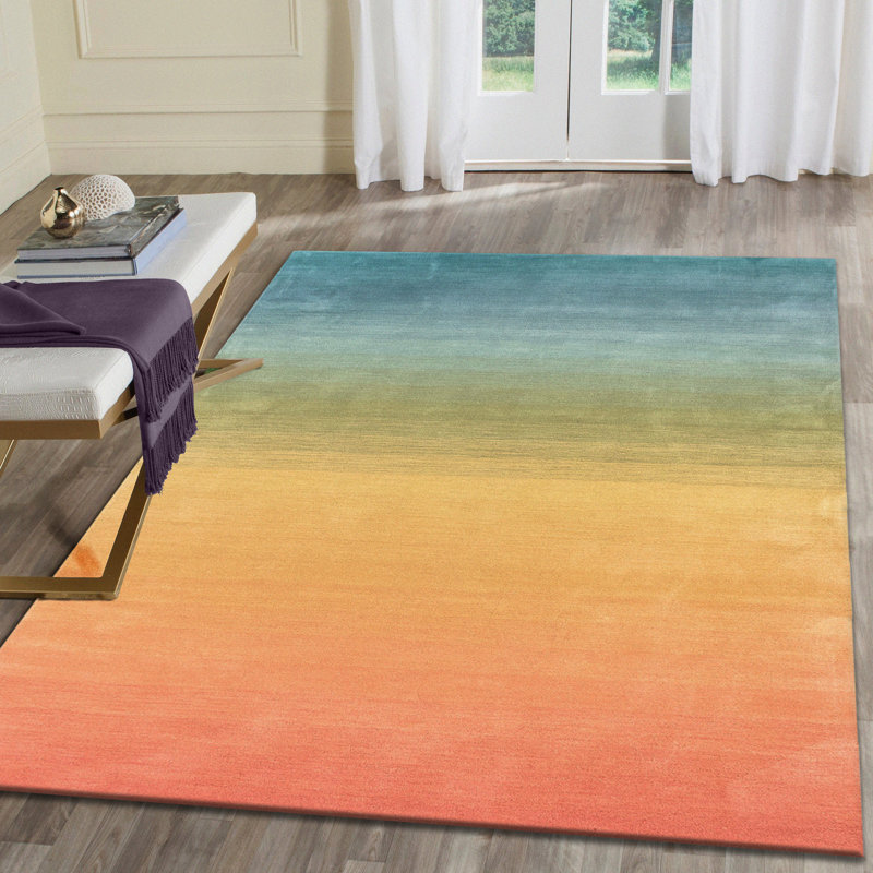 Tapis jaune / vert / bleu en laine tissé à plat à la main Wilfredo, Rectangle 5 pi x 7 pi 6 po