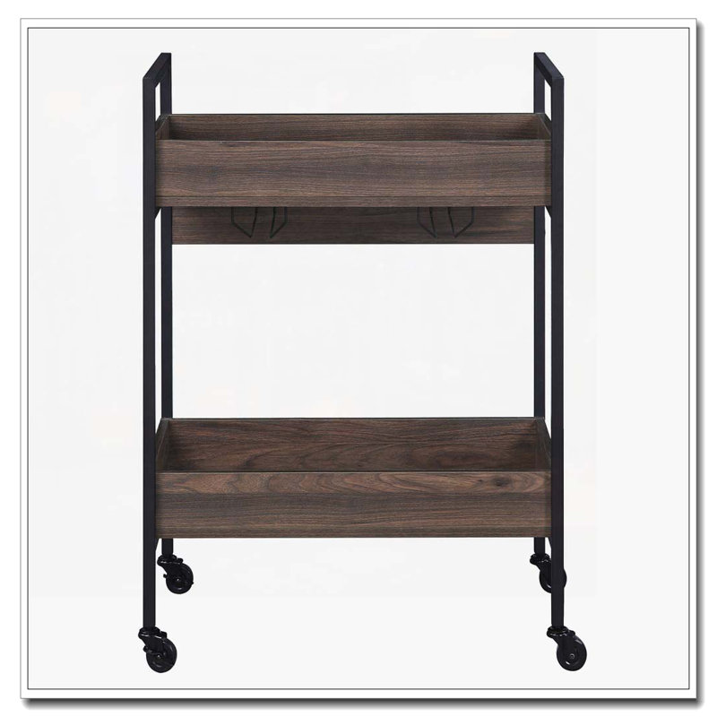 Walnut and Black Serving Cart with 2 Shelves