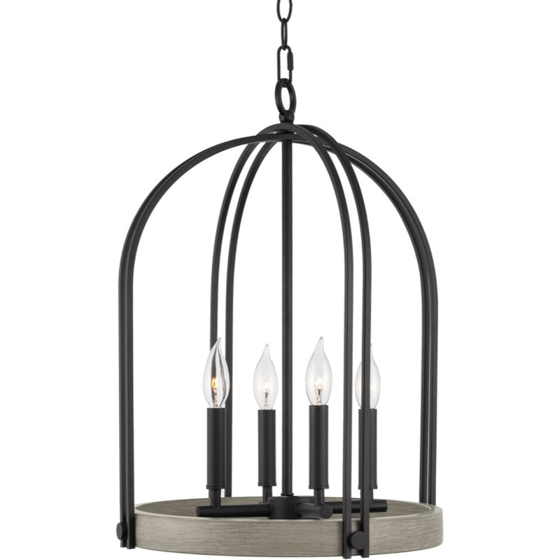 22" 4-Light Farmhouse Pendant Light, Foyer Chandelier, Gray Oak Wood Finish + Sandblasted Black Finish