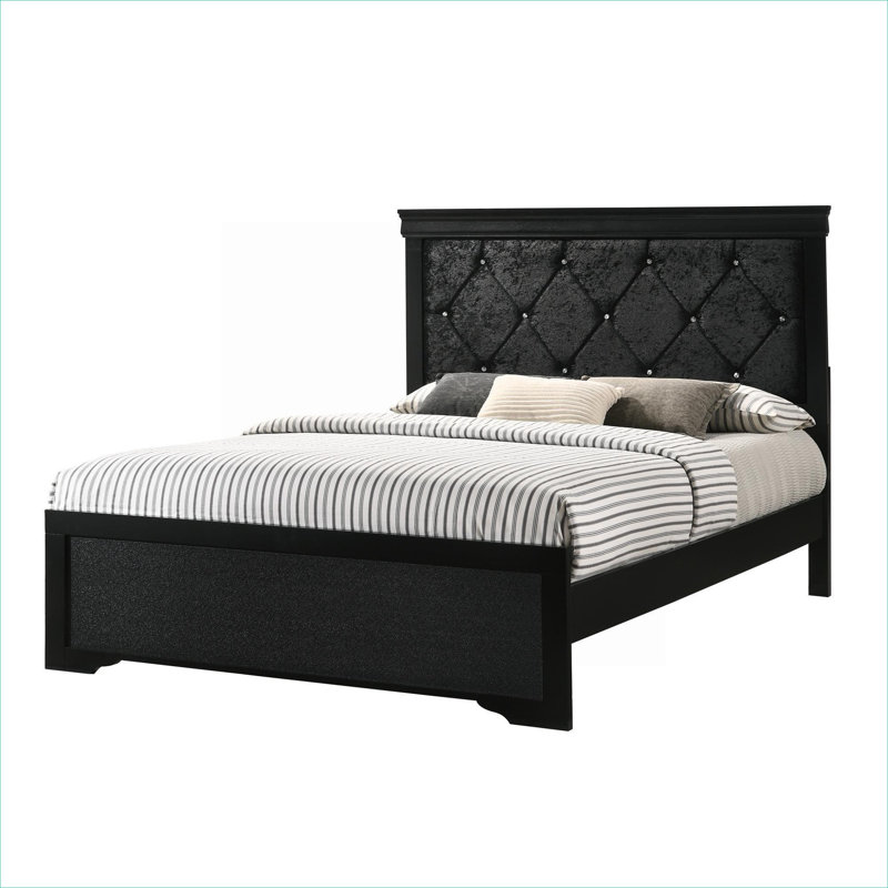 For Master or Guest Bedroom Use, Queen Size Panel Bed Luxury Upholstered Solid Wood Classic Black Frame