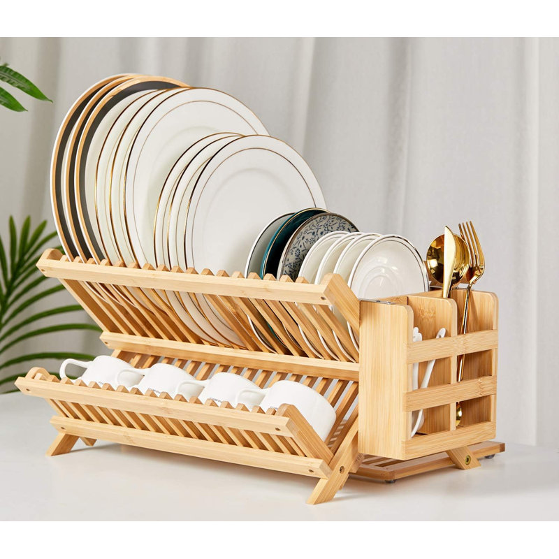 Bamboo Dish Drying Rack With Utensil Holder, Collapsible Wooden Dish Drainer Rack, 3-Tier Large Folding Drying Holder For Kitchen Counter
