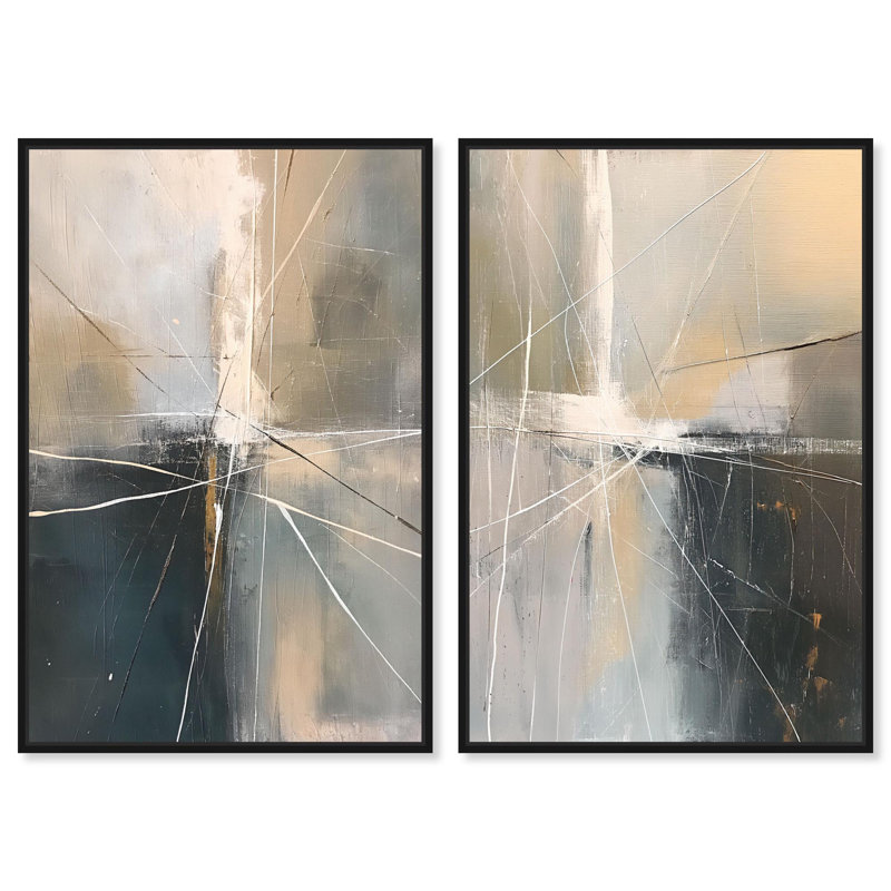 Contemporary Abstract Diptych Canvas Print Gold Boho Wall Decor Set by Art Remedy, White Frame, 36 x 54, 16" H x 11" W