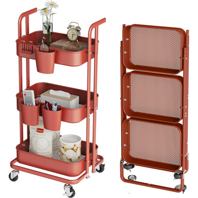 3 Tier Foldable Rolling Cart, Metal Utility Cart With Lockable Wheels, Folding Storage Trolley For Living Room -  Elaine Mercure, JrCB0C9QK4TWY