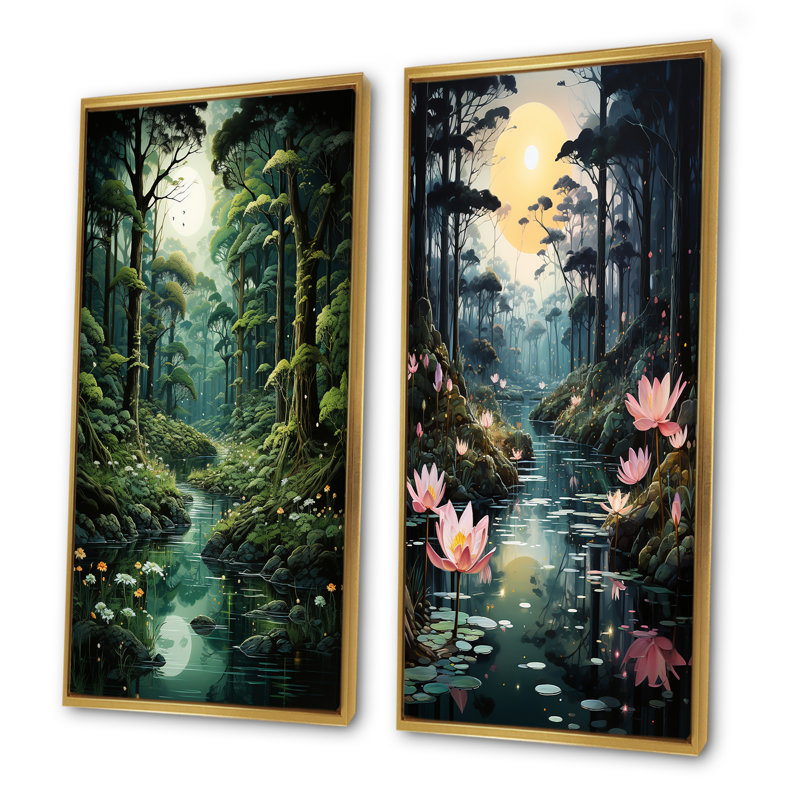Deep River Into The Forest I - ensemble de 2 reproductions d'art mural forêt, H 28 po x l 25 po, Encadrement doré