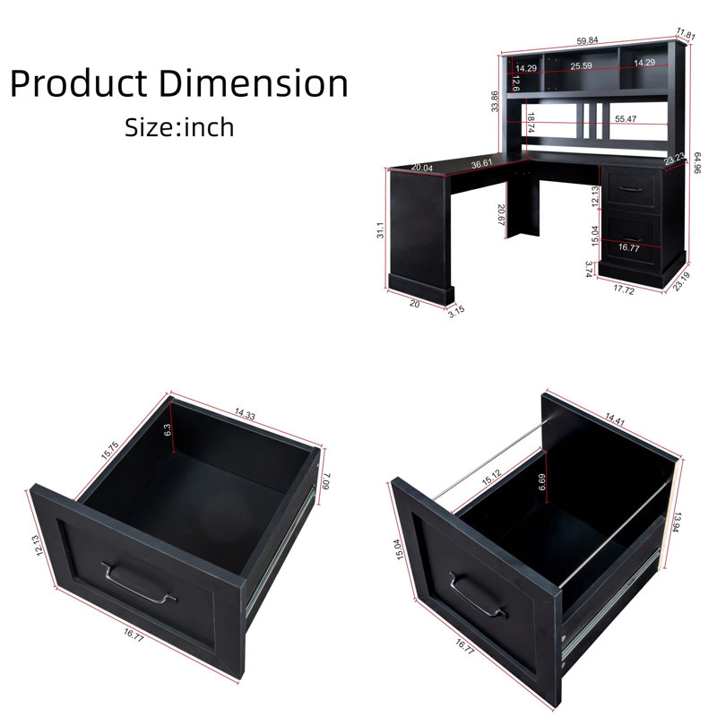 Bureau 60 po noir antique + rehausse - 2 tiroirs, tablettes ouvertes, plateau imperméable, hauteur 65 po, poste de travail classique