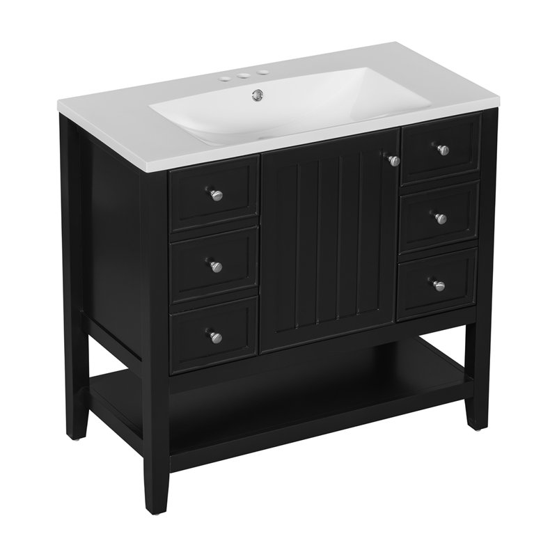 Meuble-lavabo simple 36 po avec plateau en céramique Mahpiya, Noir