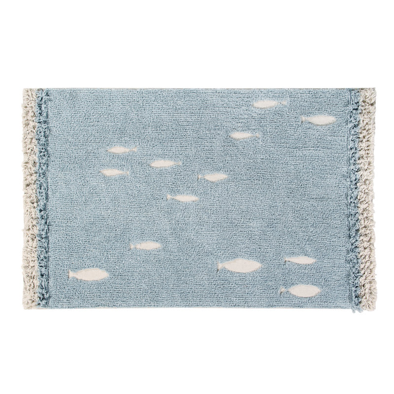 Ocean Shore Blue and Beige Wool Cotton Washable Rug 4' x 6'