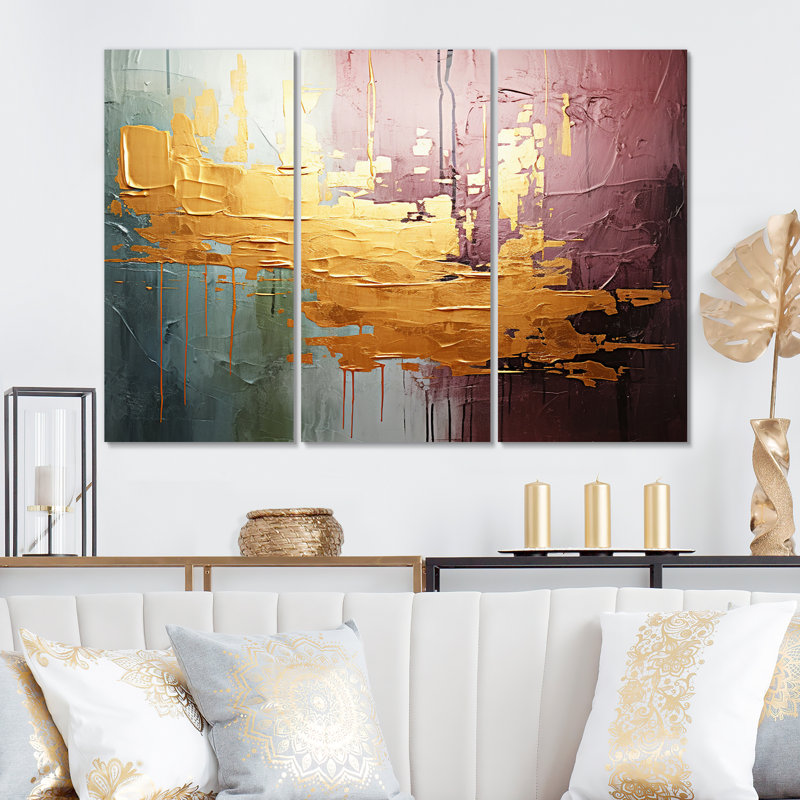 «Celebrating Destiny», reproduction de peinture abstraite en or sur toile 3 pièces, H 40 po x l 60 po x P 1 po