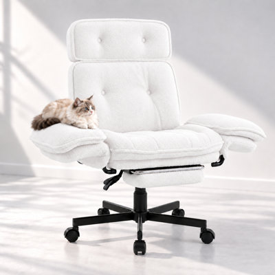 Criss Cross Office Chair with Wheels and Footrest, Cross Legged Office Chair with Flip-Up Arms, 135° Reclining Teddy Fleece Vanity Desk Chair, 5" Thick Cushion, 400 lb White