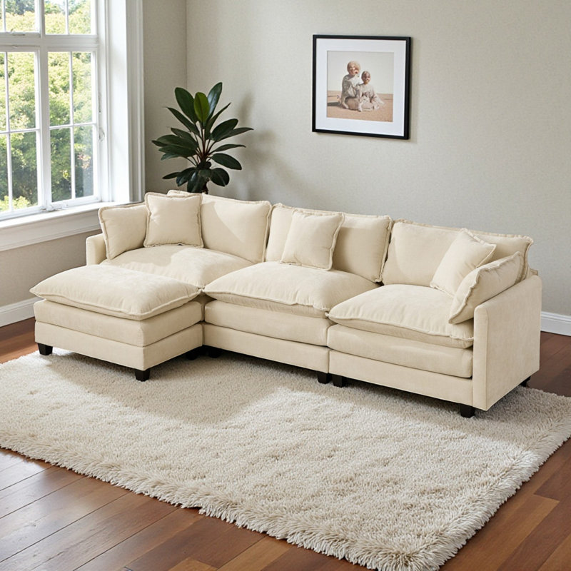 Geneveve 113.8"W Chenille Upholstered Sofa With Ottoman, 5 Compressed Pillows & Compressed Foam Cushions, Beige Chenille