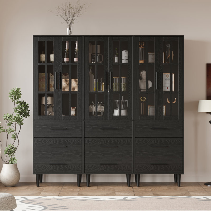 71'' H X 23.6'' W Kitchen Pantry With Bookcases, Glass Door Kitchen Storage Cabinet, Black
