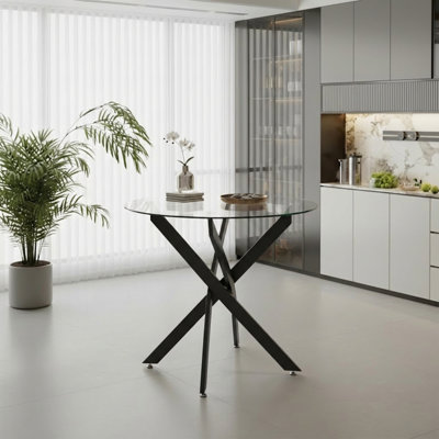 Table de salle à manger ronde moderne en verre 35,5 pouces avec pieds noirs pour la cuisine ou la salle à manger | Idée de cadeau