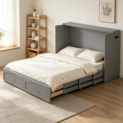 Grey Queen Size Murphy Wall Bed With Drawer, Sockets & USB Ports - Pulley Structure Design