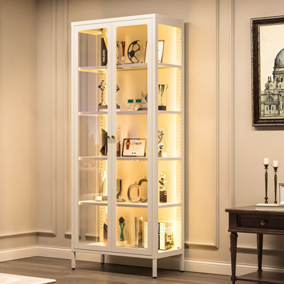 5-Tier White 3-Sided Glass Dining Cabinet with Lights, Metal Display Stand