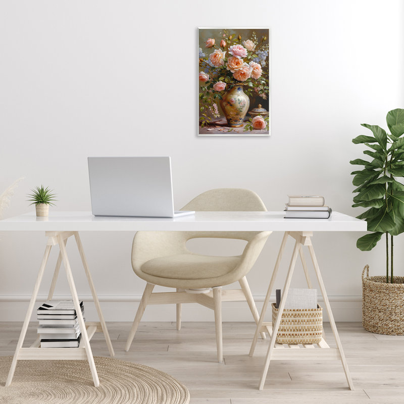 Roses dans un vase traditionnel, art mural par Roozbeh Bahramali, H 19 po x l 13 po