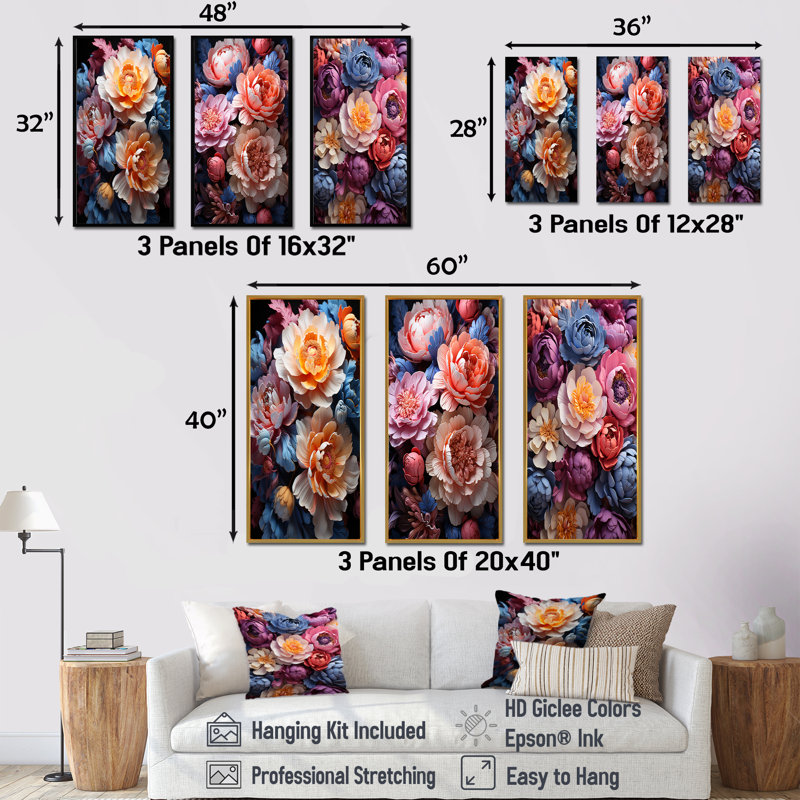 Belles pivoines colorées «Come Alive» - ensemble de 3 reproductions d'art sur toile, Cadre flottant noir, H 32 po x l 48 po