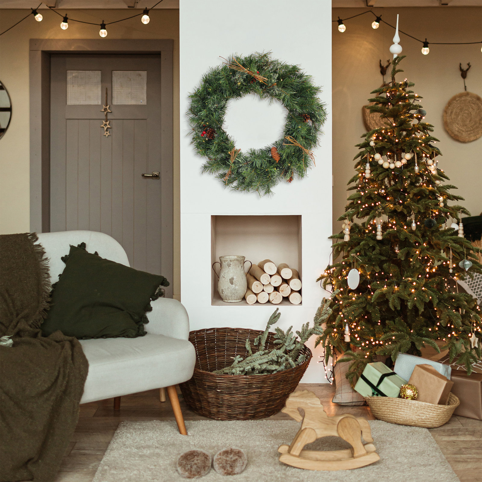 The Holiday Aisle® Glistening Pine Wreath with LED Lights, 24"