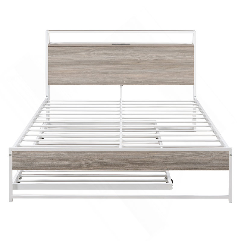 Base de lit plateforme en métal avec couchette, ports USB et support à lattes