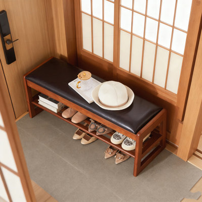Tabouret à chaussures en bois de 40 pouces avec coussins en polyuréthane, étagère à 2 couches, boîtes de rangement et conception durable pour une utilisation polyvalente dans les entrées, les couloirs, les salons, les chambres et les placards