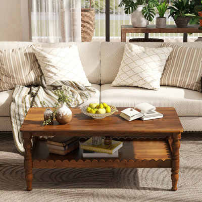 Farmhouse 43.3" Rectangle Coffee Table with Storage Shelf and Solid Wood Legs, Classical Sofa Table for Living Room