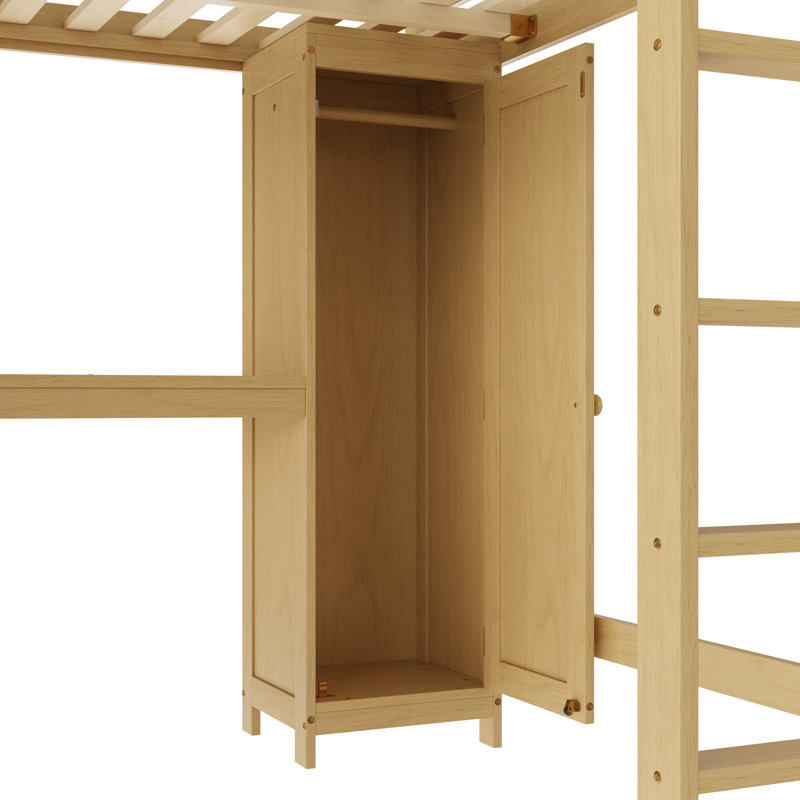 Lit mezzanine en bois avec armoire et bibliothèque, lit mezzanine avec garde-robe et bureau, Naturel