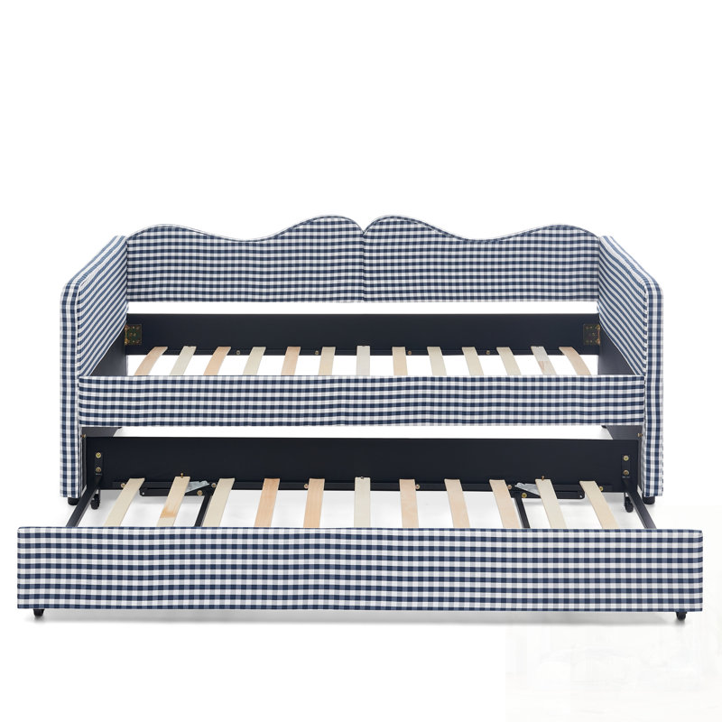 Lit de jour rembourré Gingham avec couchette coulissante, rangement latéral et structure en bois massif pour enfants et chambres d'amis